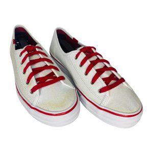 Keds White Low Top Canvas Lace Up Sneakers With Red Trim & Laces Women's 8.5